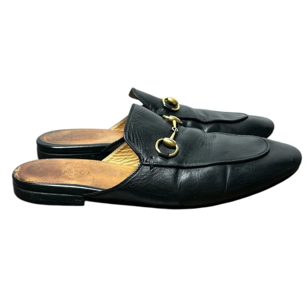 Gucci Princetown Horsebit Loafer Mule Size 37.5 Black Leather Buckle Slippers - Picture 2 of 7